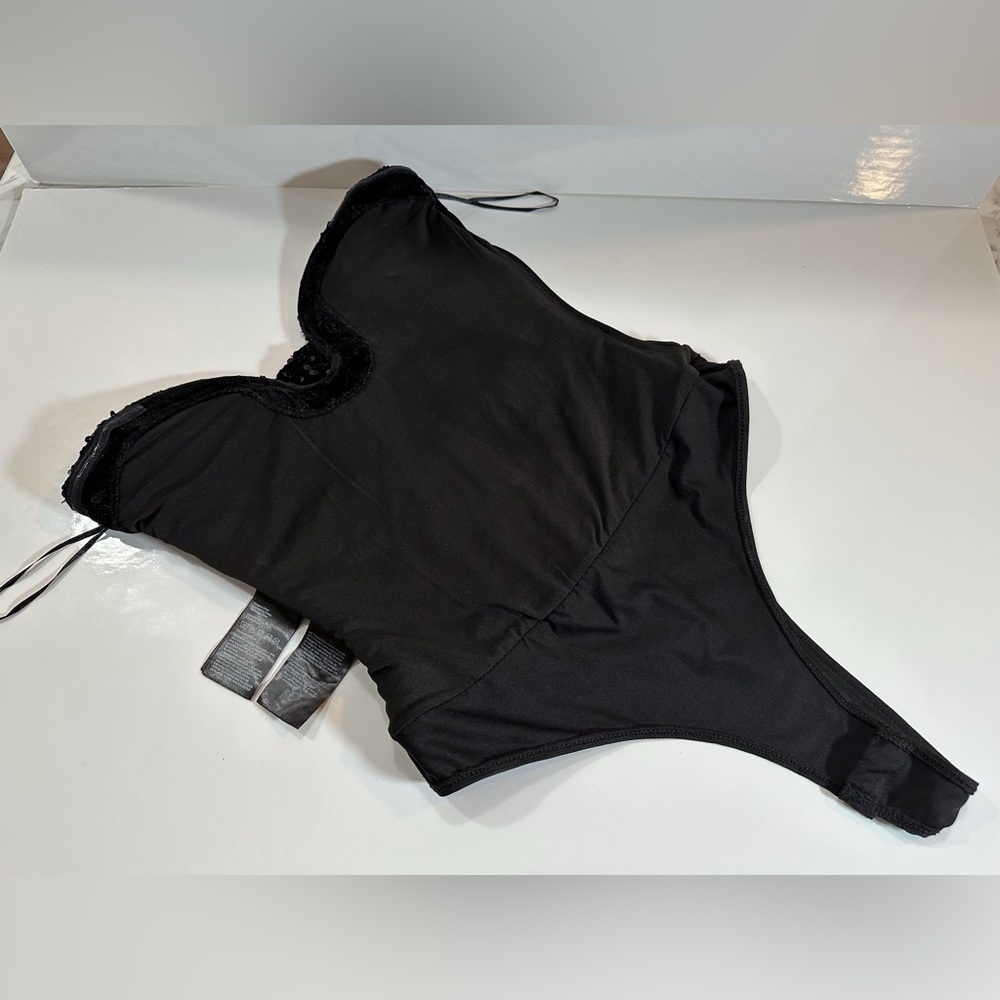 Black Sequinned Deep-Plunge Strapless Bodysuit Small - Picture 10 of 12
